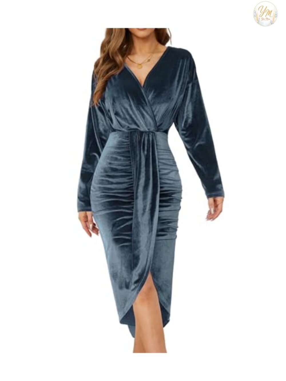 Velvet V Neck Long Sleeve Ruched Midi Dress Slit Formal Party